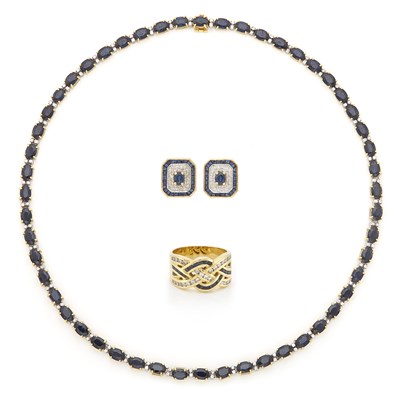 Lot 1705 - Gold, Sapphire and Diamond Necklace, Ring and Pair of Earrings