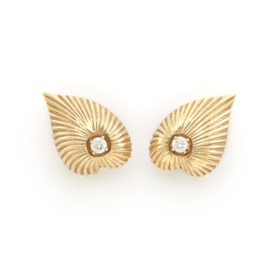 Lot 1150 - Pair of Gold and Diamond Leaf Earclips