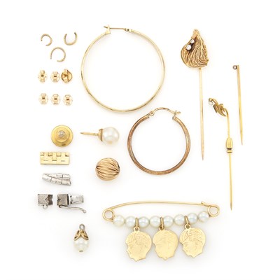 Lot 1268 - Gold and Cultured Pearl Charm Safety Pin, Two Stick Pins and Fragments
