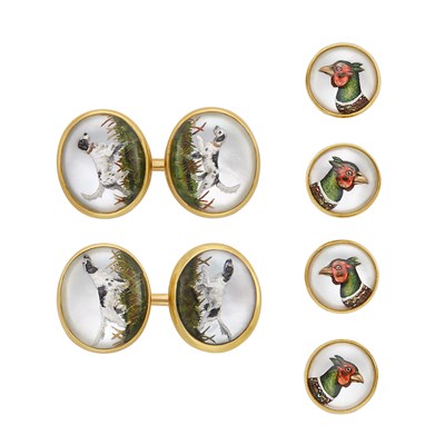 Lot 381 - Four Gold and Reverse Crystal Intaglio Studs, Asprey, and Pair of Gold and Reverse Crystal Intaglio Cufflinks