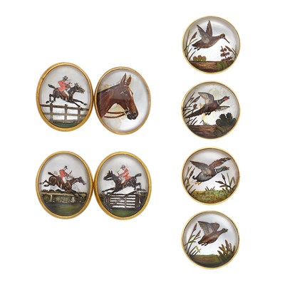 Lot 379 - Pair of Gold and Reverse Crystal Intaglio Cufflinks and Four Buttons