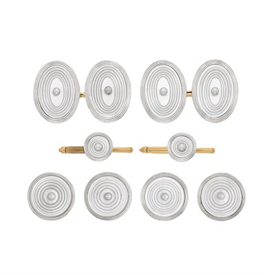 Lot 559 - Platinum, Gold, Carved Mother-of-Pearl and Split Pearl Dress Set