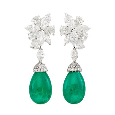 Lot 476 - Pair of Platinum, Diamond and Emerald Pendant-Earrings