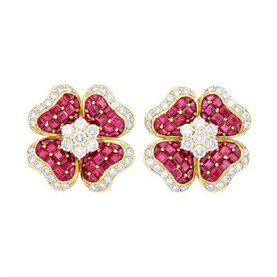 Lot 490 - Pair of Gold, Ruby and Diamond Flower Earclips