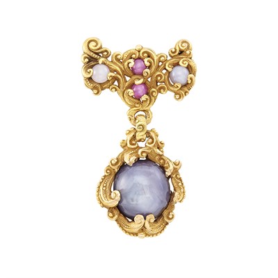 Lot 289 - Arts and Crafts Gold, Star Sapphire and Purple Star Sapphire Pendant-Brooch, T.B. Starr