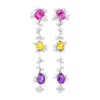Lot 169 - Pair of White Gold, Multicolored Sapphire and Diamond Pendant-Earrings