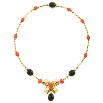 Lot 245 - Gold, Coral, Black Onyx and Diamond Bow Pendant-Necklace, Valentino Garavani
