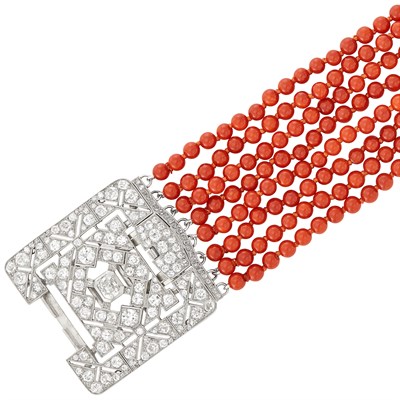 Lot 527 - Eight Strand Coral Bead Bracelet with Platinum, White Gold and Diamond Clasp