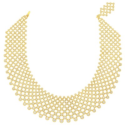 Lot 681 - Gold and Diamond Mesh Bib Necklace