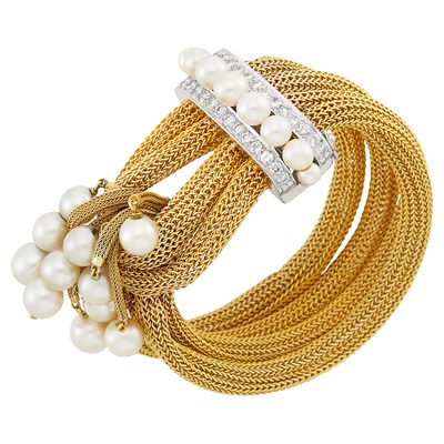 Lot 504 - Four Strand Gold Mesh, White Gold, Cultured Pearl and Diamond Fringe Bracelet