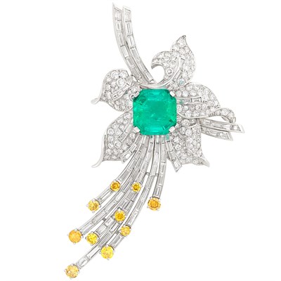 Lot 678 - Platinum, Emerald, Diamond and Treated Yellow Diamond Flower Brooch