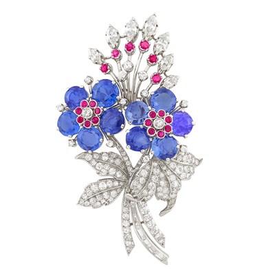 Lot 691 - Platinum, Sapphire, Ruby and Diamond Bouquet Clip-Brooch