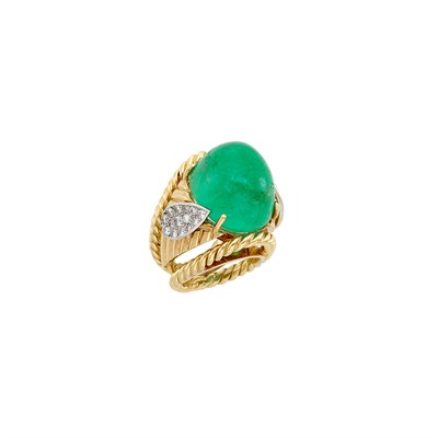 Lot 503 - Gold, Platinum, Cabochon Emerald and Diamond Ring