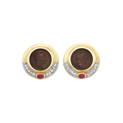 Lot 272 - Pair of Gold, Bronze Coin, Diamond and Cabochon Ruby Earrings