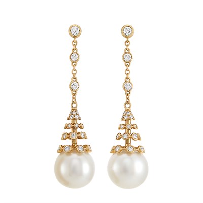 Lot 599 - Pair of Rose Gold, Diamond and South Sea Cultured Pearl Pendant-Earrings