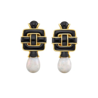 Lot 660 - Pair of Gold, Black Jade and White Opal Pendant-Earrings, Angela Cummings