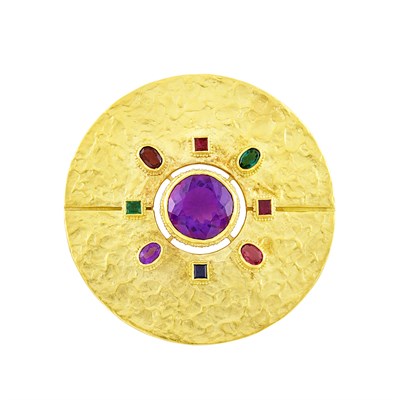 Lot 670 - Hammered Gold and Gem-Set Disc Pendant-Brooch, Ed Weiner