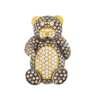 Lot 544 - Gold, Blackened Gold, Brown Diamond and Diamond Teddy Bear Clip-Brooch