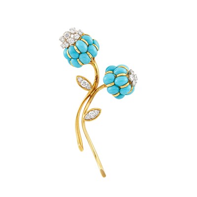Lot 613 - Gold, Platinum, Turquoise and Diamond Double Flower Brooch