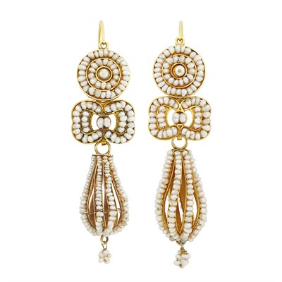 Lot 79 - Pair of Antique Gold and Seed Pearl Pendant-Earrings