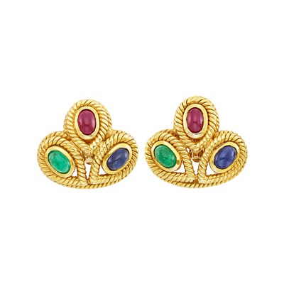 Lot 42 - Pair of Gold and Cabochon Colored Stone Earclips