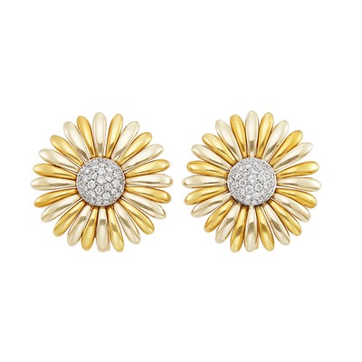 Lot 438 - Pair of Two-Color Gold and Diamond Daisy Earclips, Asprey