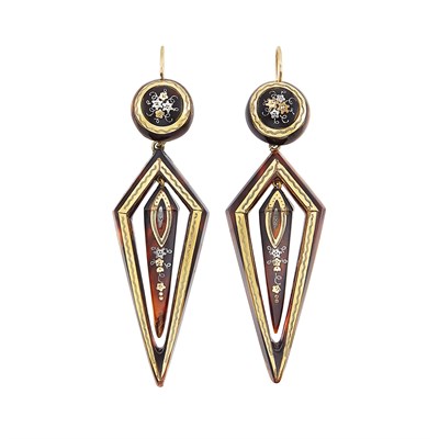 Lot 93 - Pair of Antique Tortoise Shell, Low Karat Gold and Silver Pendant-Earrings