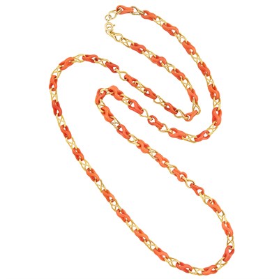 Lot 355 - Long Gold and Carved Coral Chain Necklace