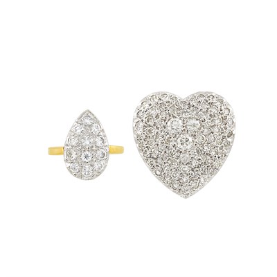Lot 532 - White Gold and Diamond Heart Pendant-Pin and Two-Color Gold and Diamond Ring