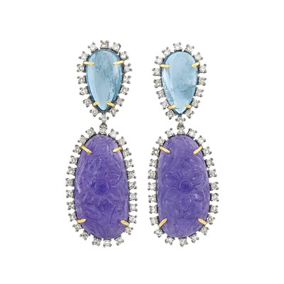 Lot 554 - Pair of Blackened Gold, Cabochon Aquamarine, Carved Tanzanite and Diamond Pendant-Earrings
