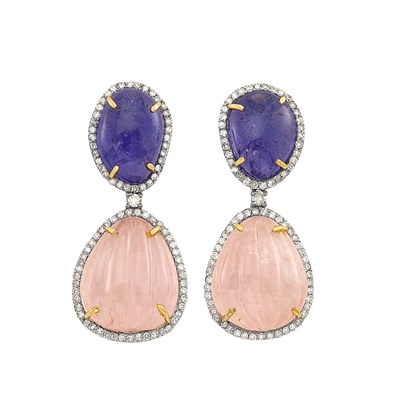 Lot 538 - Pair of Blackened Gold, Cabochon Tanzanite, Fluted Morganite and Diamond Pendant-Earrings