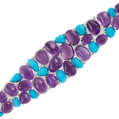Lot 486 - Blackened Gold, Cabochon Amethyst, Reconstituted Turquoise and Diamond Bracelet