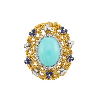 Lot 69 - Two-Color Gold, Turquoise, Diamond and Sapphire Brooch