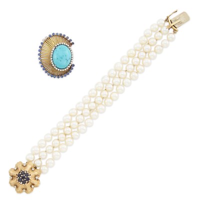 Lot 1477 - Gold, Turquoise, Sapphire and Diamond Single Earclip and Triple Strand Cultured Pearl Bracelet with Gold, Sapphire and Diamond Clasp