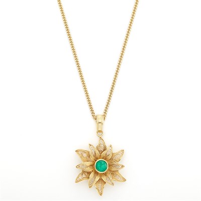 Lot 1529 - Gold and Emerald Filigree Flower Pendant-Necklace