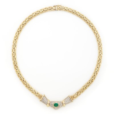 Lot 1922 - Two-Color Gold, Emerald and Diamond Necklace
