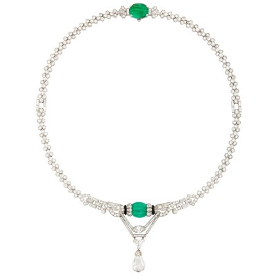 Lot 468 - Platinum, Diamond, Diamond Briolette, Carved Emerald and Black Enamel Pendant-Necklace