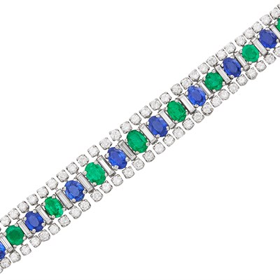 Lot 311 - Platinum, Sapphire, Emerald and Diamond Bracelet