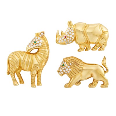 Lot 5 - Three Gold, Diamond and Gem-Set Animal Kingdom Clip-Brooches, Tiffany & Co., France