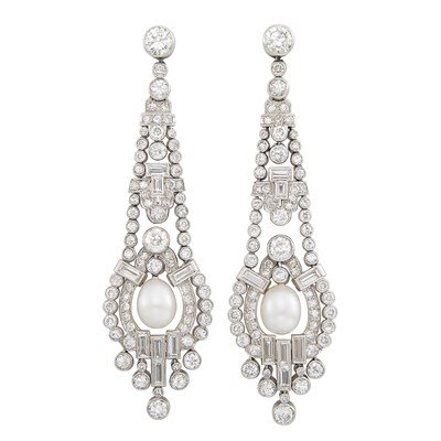 Lot 458 - Pair of Platinum, Diamond and Natural Pearl Pendant-Earrings