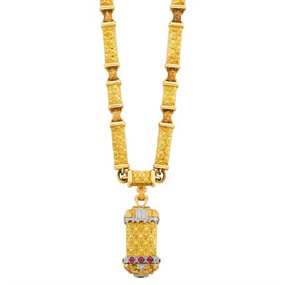 Lot 259 - Tricolor Gold, Cabochon Ruby, Sapphire and Diamond Pendant-Necklace, Cazzaniga