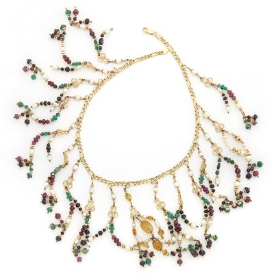 Lot 1303 - Gold, Colored Stone Bead and Freshwater Pearl Fringe Necklace