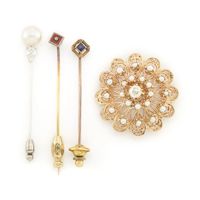 Lot 1433 - Gold, Diamond and Cultured Pearl Pendant-Brooch and Three Stick Pins