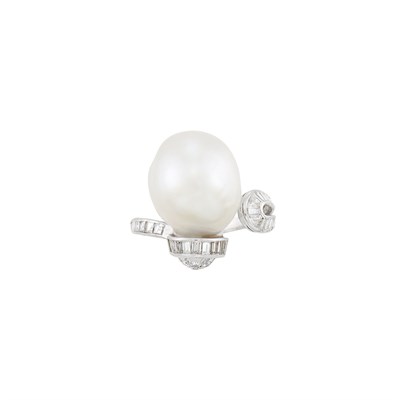 Lot 537 - Platinum, South Sea Baroque Cultured Pearl and Diamond Ring