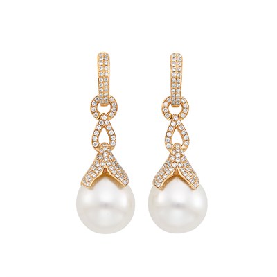 Lot 439 - Pair of Rose Gold, Diamond and South Sea Cultured Pearl Pendant-Earrings