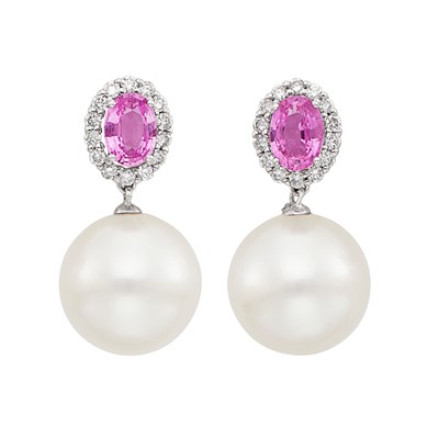Lot 144 - Pair of White Gold, Pink Sapphire, Diamond and South Sea Cultured Pearl Pendant-Earrings
