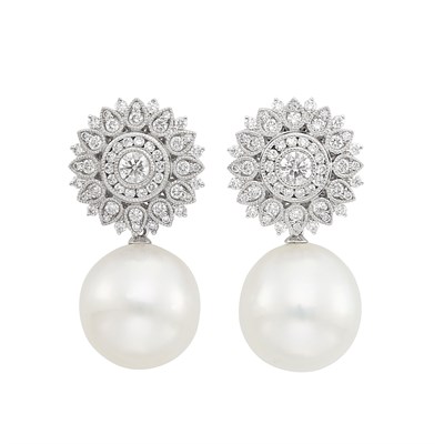 Lot 339 - Pair of White Gold, Diamond and South Sea Cultured Pearl Pendant-Earrings