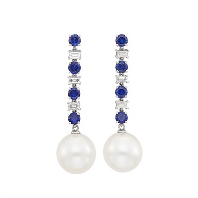 Lot 156 - Pair of White Gold, Sapphire, Diamond and South Sea Cultured Pearl Pendant-Earrings
