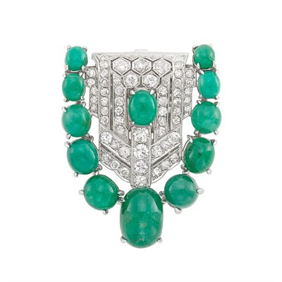 Lot 312 - Platinum, Cabochon Emerald and Diamond Clip-Brooch