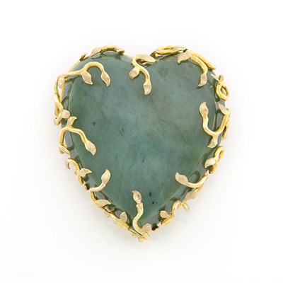 Lot 1576 - Gold and Nephrite Heart and Vine Pendant-Brooch